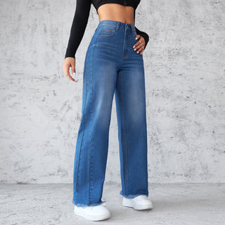 Fashion Straight Wide Leg Jeans Casual High Waist Non Elastic Women's Phosgene