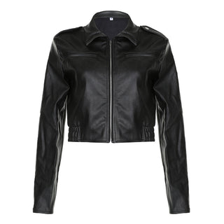 Women's Retro Hong Kong Style Lapel Long-sleeved Leather Jacket - Phosgene