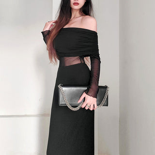 Women's Winter Sexy Off-the-shoulder Pleated Long Sleeve Polyester Dress - Phosgene