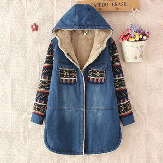 Retro Color-blocked Sleeve Printed Hooded Denim Cotton Coat - Phosgene