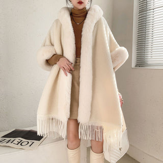 Women's Fleece Lined Padded Warm Keeping Mid-length Tassel Cape And Shawl - Phosgene