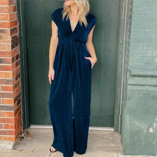 V-neck Short-sleeved High Waist Long Jumpsuit Phosgene