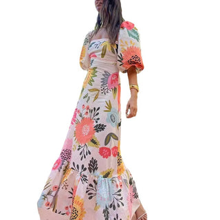 Casual Off-neck Printed Lantern Sleeve Dress Phosgene