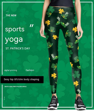 Digital Printed Green Leaf Elastic Slim Fit Running Pants Yoga Pants - Phosgene