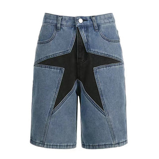 Loose Contrast Color Five-pointed Star Patch Denim Pants - Phosgene