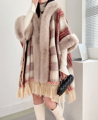 Women's Fleece Lined Padded Warm Keeping Mid-length Tassel Cape And Shawl - Phosgene