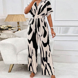 V-neck Loose Printed Long Jumpsuit - Phosgene