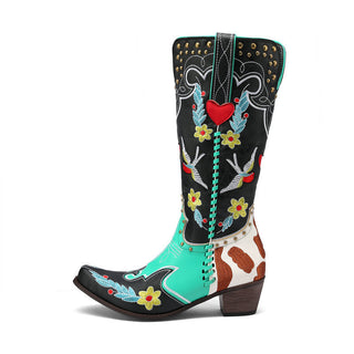 Denim Western Shoes Women's Leather Boots Exquisite Embroidery - Phosgene