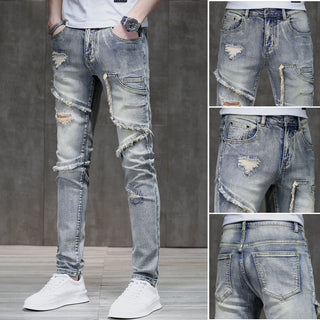 Distressed Raw Hem Ripped Stitching Stretch Denim Trousers Phosgene