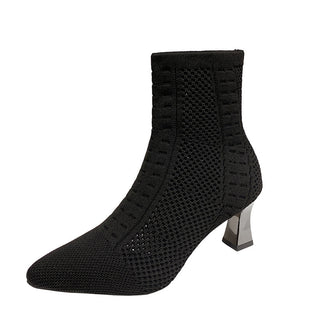 Knitted Sock Boots Women's Plus Size Short Pointed Chunky Heel - Phosgene