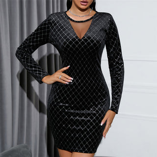 Waist-tight Velvet Rhinestone Luxury Dress Mesh Stitching - Phosgene