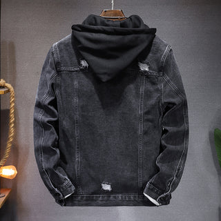 Men's Casual Jacket Hole Detachable Hooded Denim Jacket - Phosgene