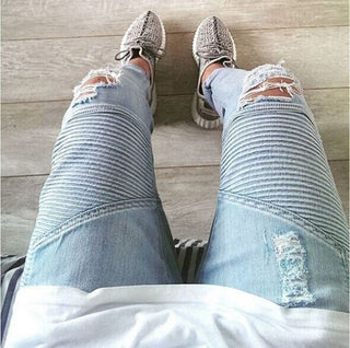 Street Ripped 3D Cutting Slim Elastic Jeans Phosgene