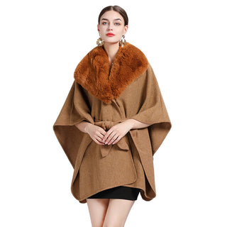 Faux Rex Rabbit Fur Collar Knit Shawl Cape - Phosgene