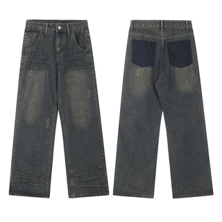 Washed And Worn Worn Out Denim Straight-leg Trousers Men's Punk Phosgene