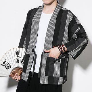 Chinese Style Summer Men's Striped Cotton Linen Vintage Cardigan Phosgene