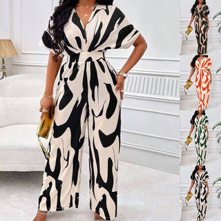 V-neck Loose Printed Long Jumpsuit - Phosgene