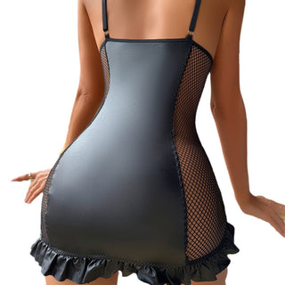 Women's Lace Fishnet U Leather Stitching Front Zipper Nightdress - Phosgene