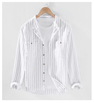 Stripe Double Pocket Chinese Style Stand Collar Casual Cotton Linen Long Sleeve Blouse Phosgene