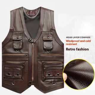 Genuine Leather Vest Man First Layer Cowhide Motorcycle Clothing - Phosgene