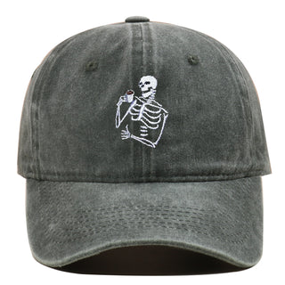 Skull Tea Embroidery Baseball Vintage Distressed Washing Cap - Phosgene