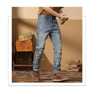 Motorcycle Jeans Korean Style Slim-fitting Ankle-tied High-end Men's Casual All-matching Stretch Pants Phosgene