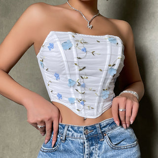 Flower Embroidery Fishbone Short Mesh Outer Wear Tube Top - Phosgene