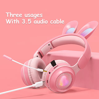 Rabbit Ear Headphones Wireless Luminous Extendable Wheat Headphones - Phosgene