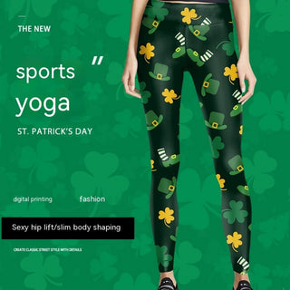 Digital Printed Green Leaf Elastic Slim Fit Running Pants Yoga Pants - Phosgene