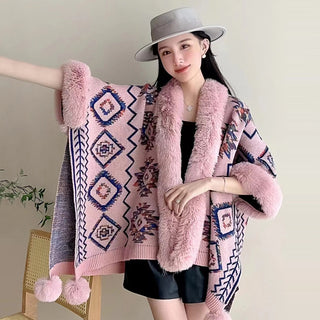 Ethnic Style Fur Ball Shawl Cape Cloak - Phosgene