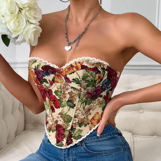 Vintage Flower Print Chest Wrap Flounce Trim Lace Up French Minority Fishbone Vest - Phosgene