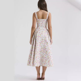 Floral Strap Backless Print Dress - Phosgene