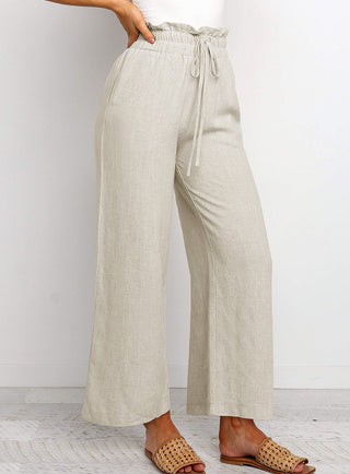 Elastic Waistband Lace-up Wide Leg Pants Solid Color Cropped Pants Phosgene