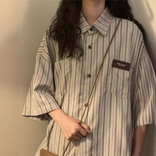 Retro Hong Kong Style Design Sense Niche Short Sleeve Striped Shirt - Phosgene