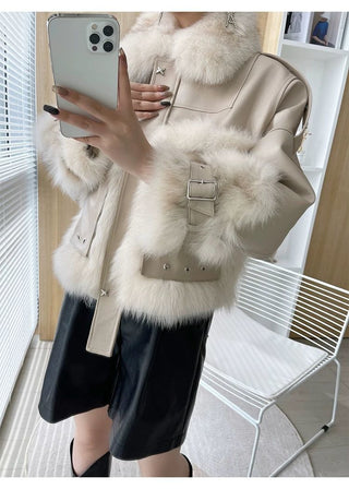 Sense Fox Fur Stitching Leather Coat - Phosgene