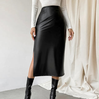 Commuter French Sheath PU Leather Skirt Autumn And Winter Black Slit Straight Skirt - Phosgene