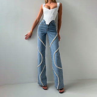 Loose Straight-cut Rhinestone Jeans With Design Sense Phosgene