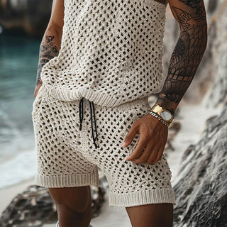 Casual Vertical Pattern Suit Slim Lapel Short Sleeve Button Shirt Shorts - Phosgene