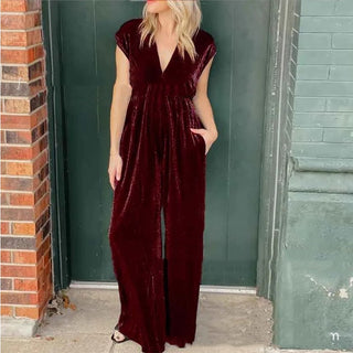 V-neck Short-sleeved High Waist Long Jumpsuit Phosgene