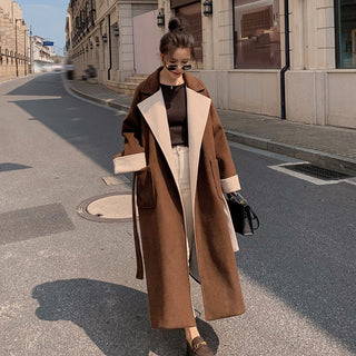 Women's Long Knee Length Loose Contrasting Woolen Coat - Phosgene