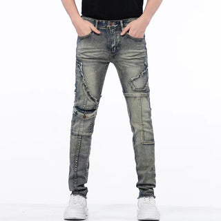 Distressed Raw Hem Ripped Stitching Stretch Denim Trousers Phosgene