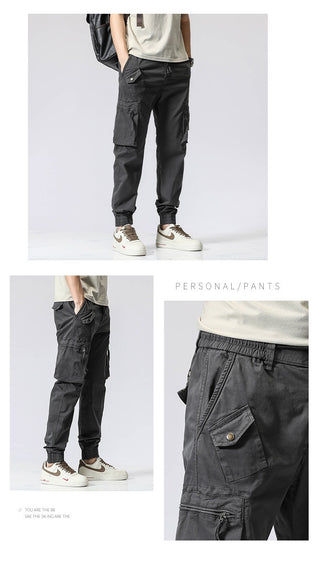 Casual Pants Trendy Brand Elastic Waist Men's Youth Simple Pure Cotton Multi-pocket Work Pants Trousers Ankle-tied - Phosgene