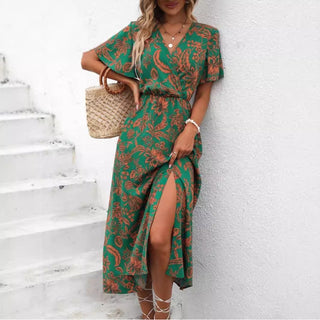 Women's Tropical Printing V-neck Split Dress Women - Phosgene