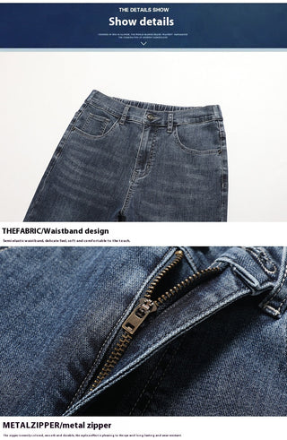 Men's Casual Half Elastic Waist Stretch Denim Trousers Phosgene