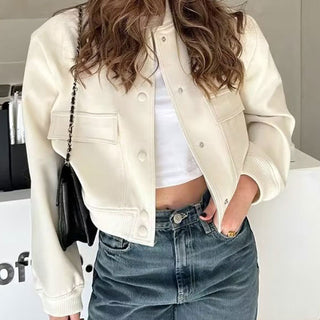 Fashion Button Stand-collar Jacket With Big Pockets Casual Loose Short Outwear Tops Coat For Women Clothing - Phosgene