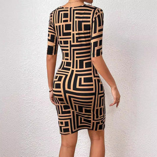 New Fashion Printed Square Collar Waist-tight Mid-sleeve Dress - Phosgene