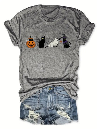 Halloween Black Cat And Pumpkin Printed Round Neck Short Sleeve - Phosgene