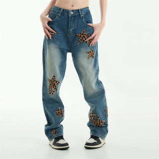 Leopard Print Five-pointed Star Jeans For Men And Women Phosgene