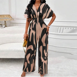 V-neck Loose Printed Long Jumpsuit - Phosgene