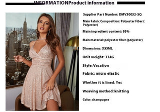 Autumn And Winter New Women's Sexy Gorgeous Sequined Dress Pleated Cross Strap Vacation Style Dress - Phosgene